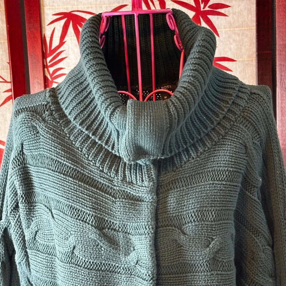 Talbots Green Chunky Cable Knit Convertible Collar Snap Front Cardigan Sweater M